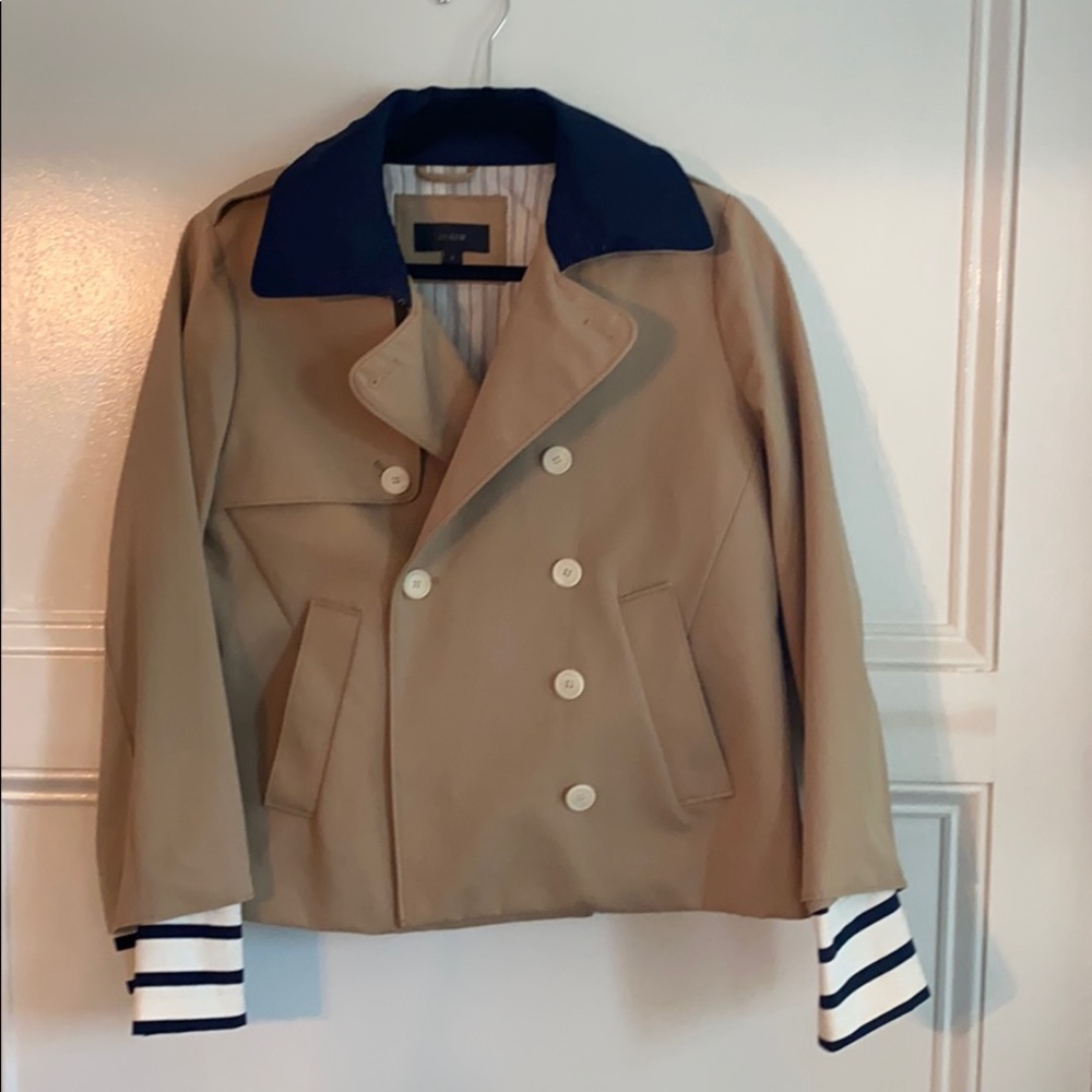 J Crew lined coat with striped cuffs.